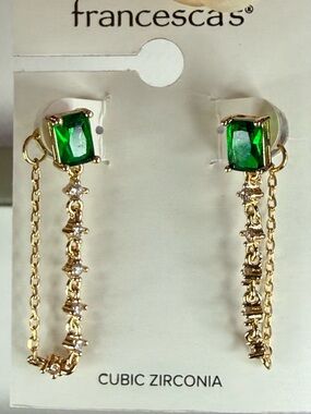 Francesca's Collections Gold Plated Drop Earrings with Emerald Green Stone